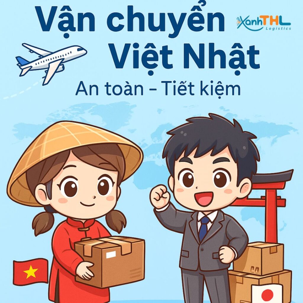 Hình minh họa chibi vận chuyển Việt Nhật an toàn, tiết kiệm – Xanh THL Logistics