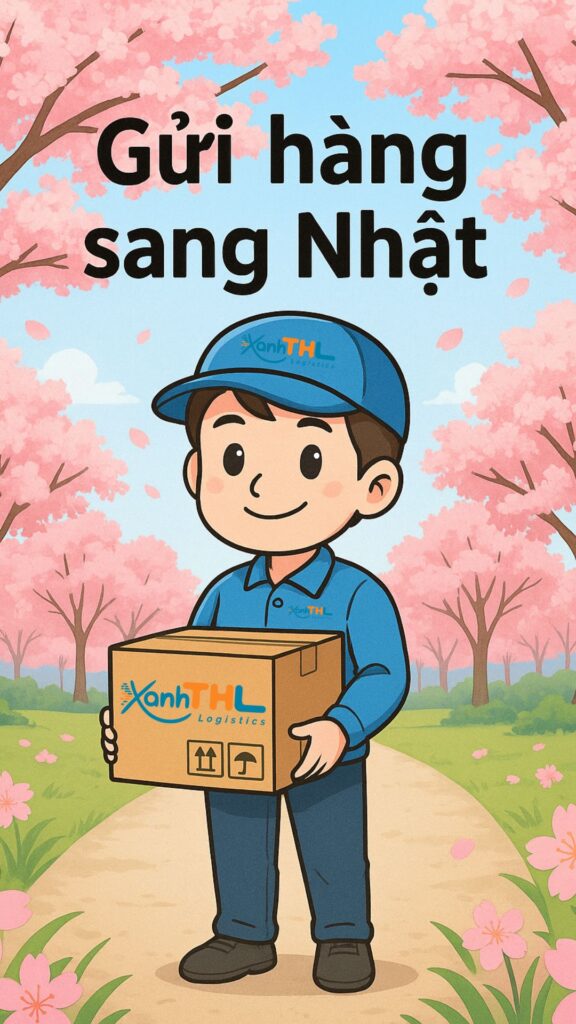 nhân viên giao hàng đang cầm thùng carton giữa khung cảnh rừng hoa anh đào, biểu tượng cho việc gửi hàng từ Việt Nam sang Nhật.