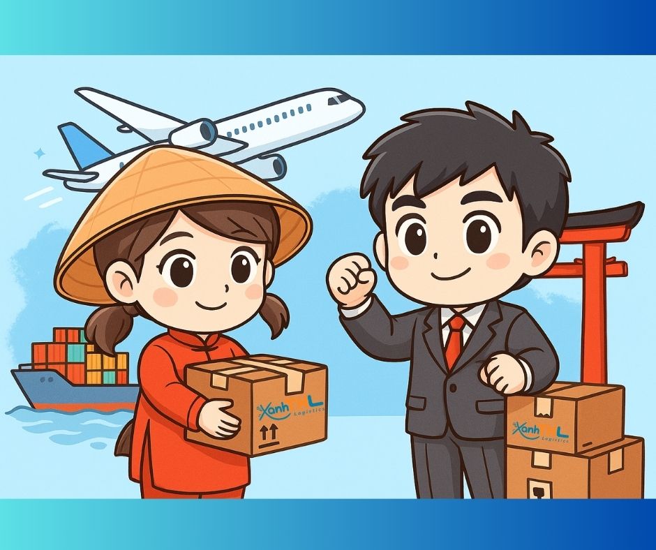 Hình minh họa chibi vận chuyển hàng từ Việt Nam sang Nhật bằng tuyến chuyên biệt