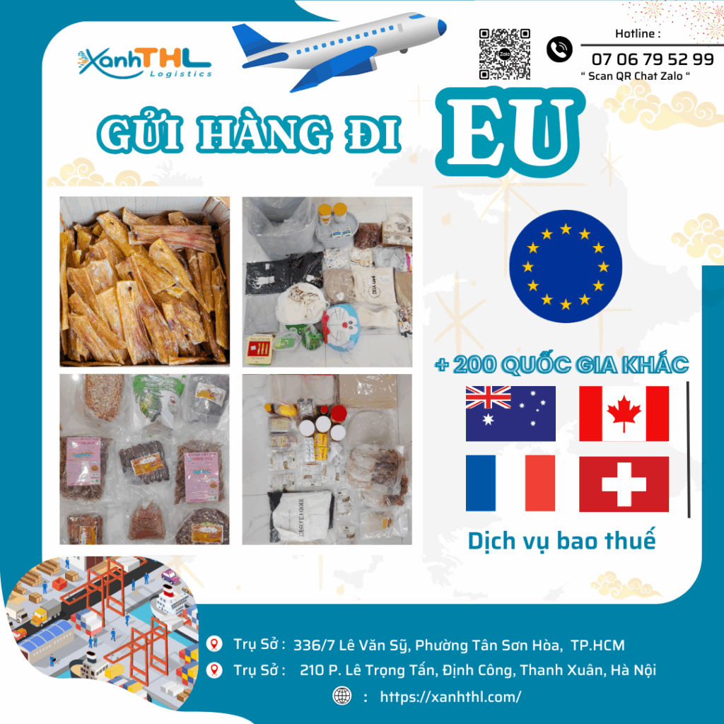 Banner dịch vụ gửi hàng đi Châu Âu và hơn 200 quốc gia khác của Xanh THL Logistics, hiển thị hàng hóa thực tế, hotline liên hệ, địa chỉ văn phòng và website