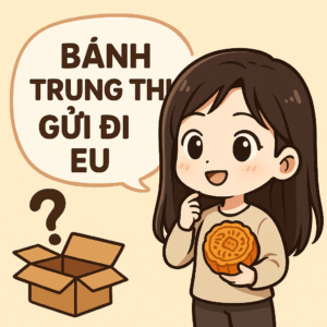 Chibi dễ thương cầm bánh Trung thu, hộp carton và dòng chữ “Bánh Trung thu gửi đi EU”