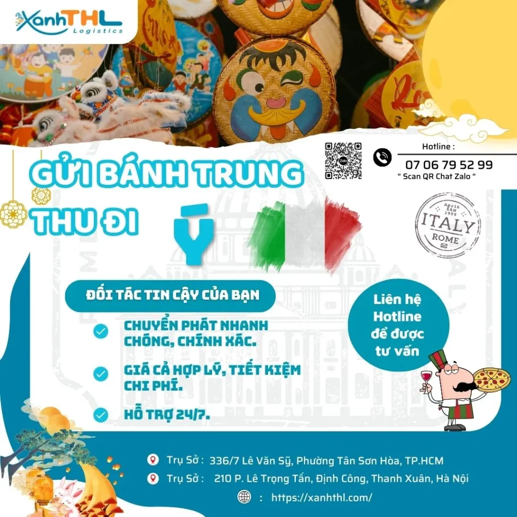 Hình ảnh banner quảng bá dịch vụ gửi bánh Trung thu đi Ý của XanhTHL Logistics với cam kết giao nhanh, giá hợp lý, bao thuế, hỗ trợ tư vấn 24/7.