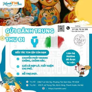 Hình ảnh banner quảng bá dịch vụ gửi bánh Trung thu đi Ý của XanhTHL Logistics với cam kết giao nhanh, giá hợp lý, bao thuế, hỗ trợ tư vấn 24/7.