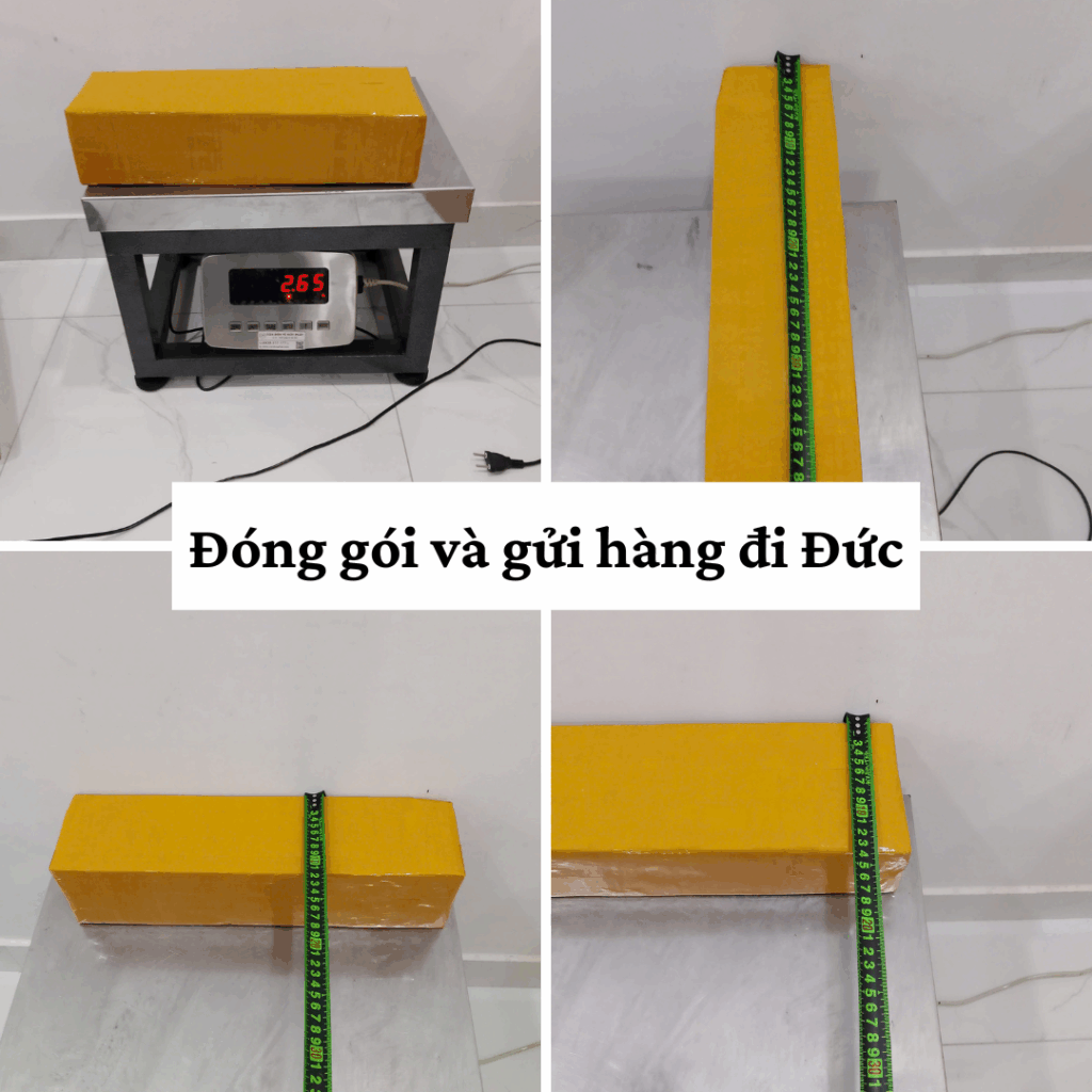 Hình ảnh quy trình đóng gói và gửi hàng đi Đức, kiện hàng được đo kích thước và cân nặng thực tế; đóng sát mặt hàng bên trong để giảm thể tích, giúp tiết kiệm chi phí vận chuyển quốc tế.