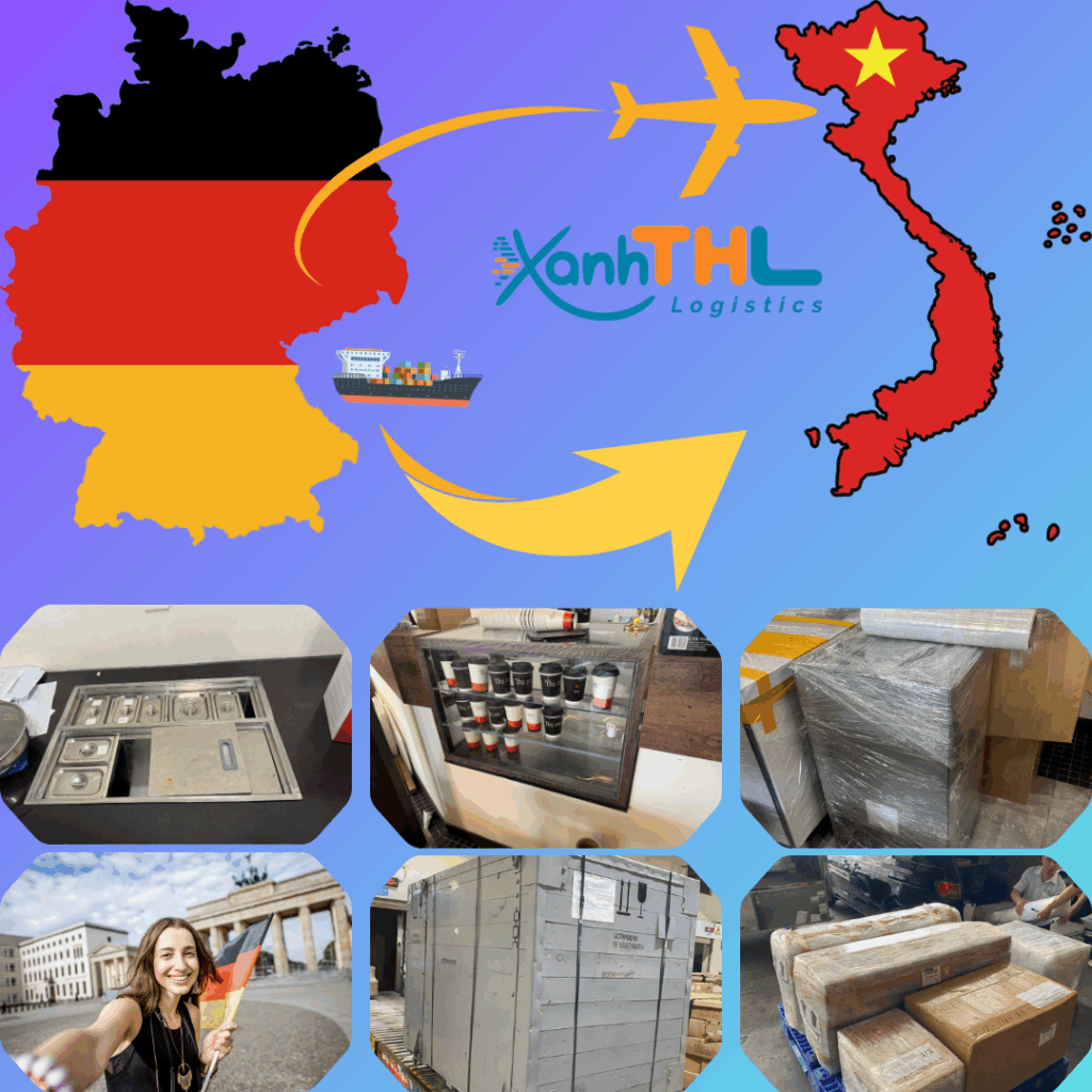 Hình minh họa cách gửi hàng từ Đức về Việt Nam bằng đường hàng không và đường biển, do Xanh THL Logistics thực hiện – dịch vụ vận chuyển quốc tế uy tín, không phát sinh chi phí trong quá trình vận chuyển.