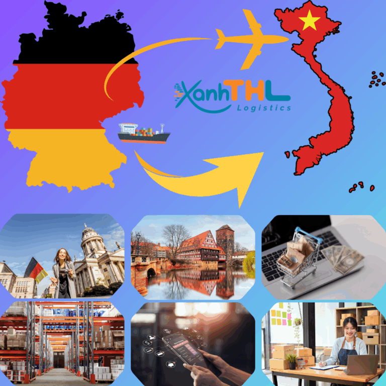Bản đồ Đức – Việt Nam và quy trình ship hàng từ Đức về Việt Nam của Xanh THL Logistics, minh họa dịch vụ vận chuyển nhanh, giá rẻ cho cá nhân và shop online.