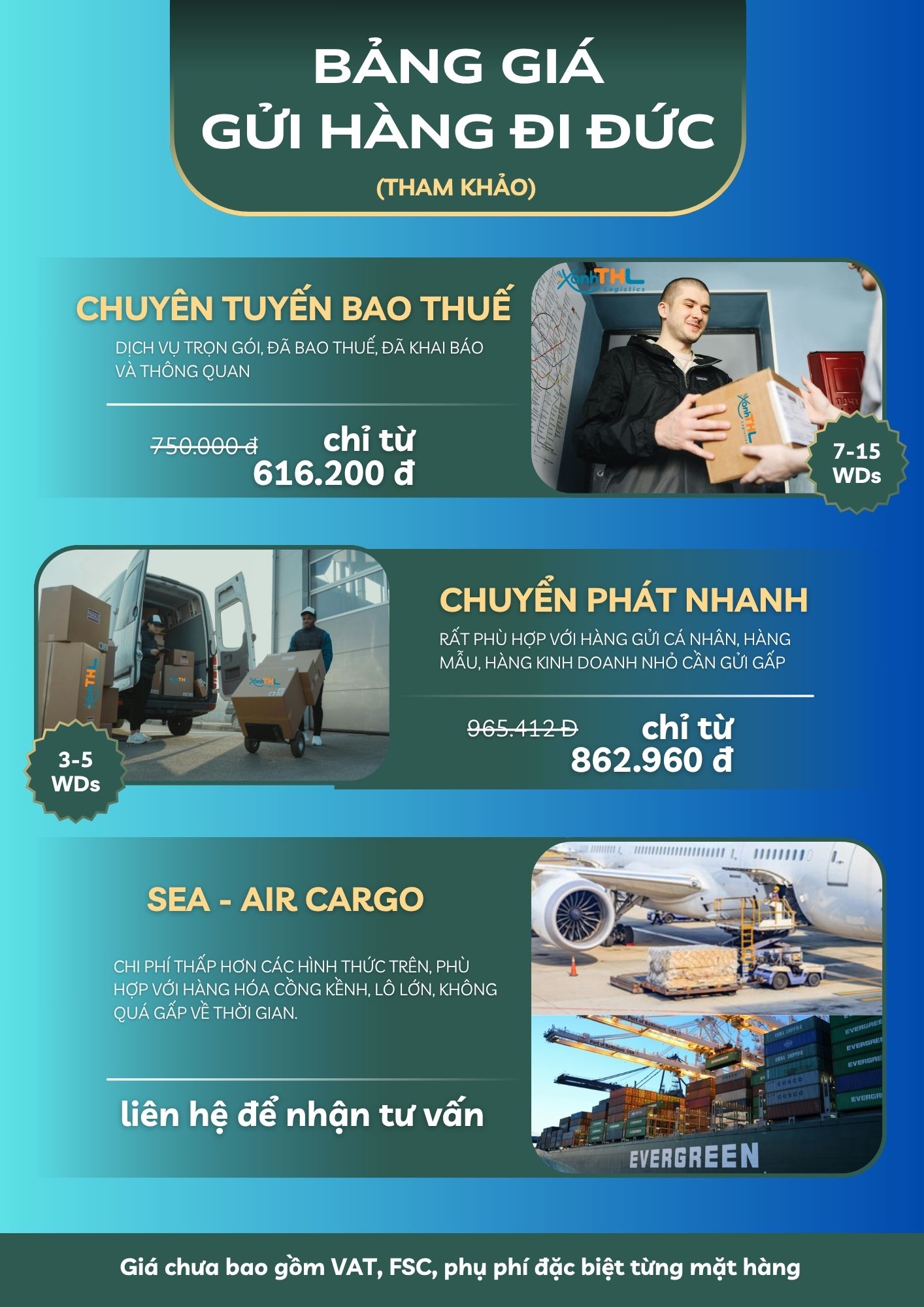 Bảng giá gửi hàng đi Đức 2025 – Dịch vụ chuyên tuyến bao thuế, chuyển phát nhanh, Sea Air Cargo từ Xanh THL Logistics.