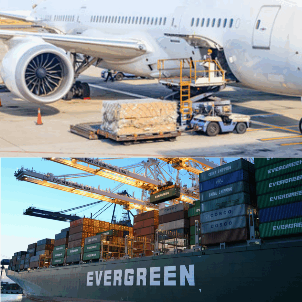 Máy bay đang bốc dỡ hàng hóa và tàu container quốc tế – minh họa so sánh giữa gửi hàng đi Đức bằng đường biển và gửi hàng đi Đức bằng đường hàng không.