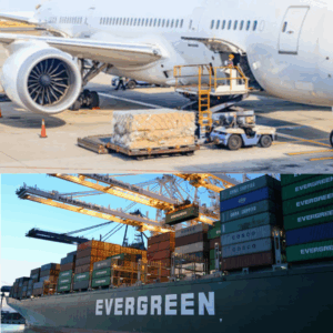 Máy bay đang bốc dỡ hàng hóa và tàu container quốc tế – minh họa so sánh giữa gửi hàng đi Đức bằng đường biển và gửi hàng đi Đức bằng đường hàng không.