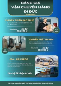 Bảng giá vận chuyển hàng đi Đức giá rẻ 2025 – dịch vụ chuyên tuyến bao thuế, chuyển phát nhanh và Sea-Air Cargo của Xanh THL Logistics, giá chỉ từ 616.200 đ.