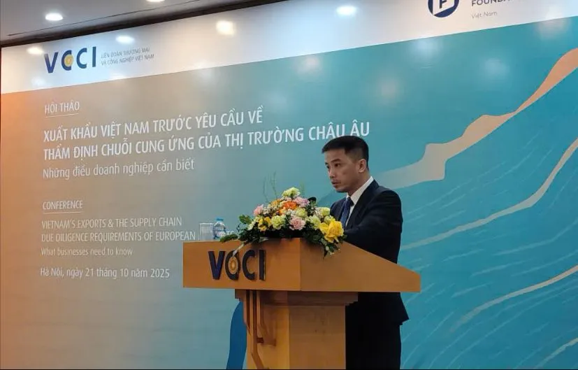 Ông Đậu Anh Tuấn, Phó Tổng thư ký kiêm Trưởng Ban Pháp chế VCCI, phát biểu tại hội thảo về thẩm định chuỗi cung ứng EU.