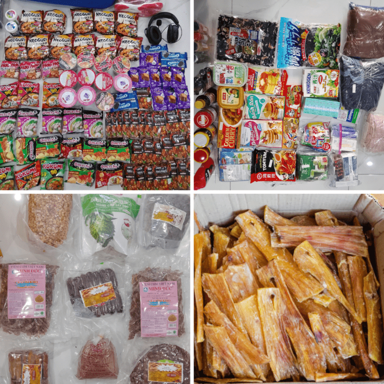 Các loại thực phẩm khô, mì gói, gia vị, đồ đóng gói sẵn được chuẩn bị gửi thực phẩm đi Đức đúng quy cách để tránh bị giữ hàng và phát sinh phí