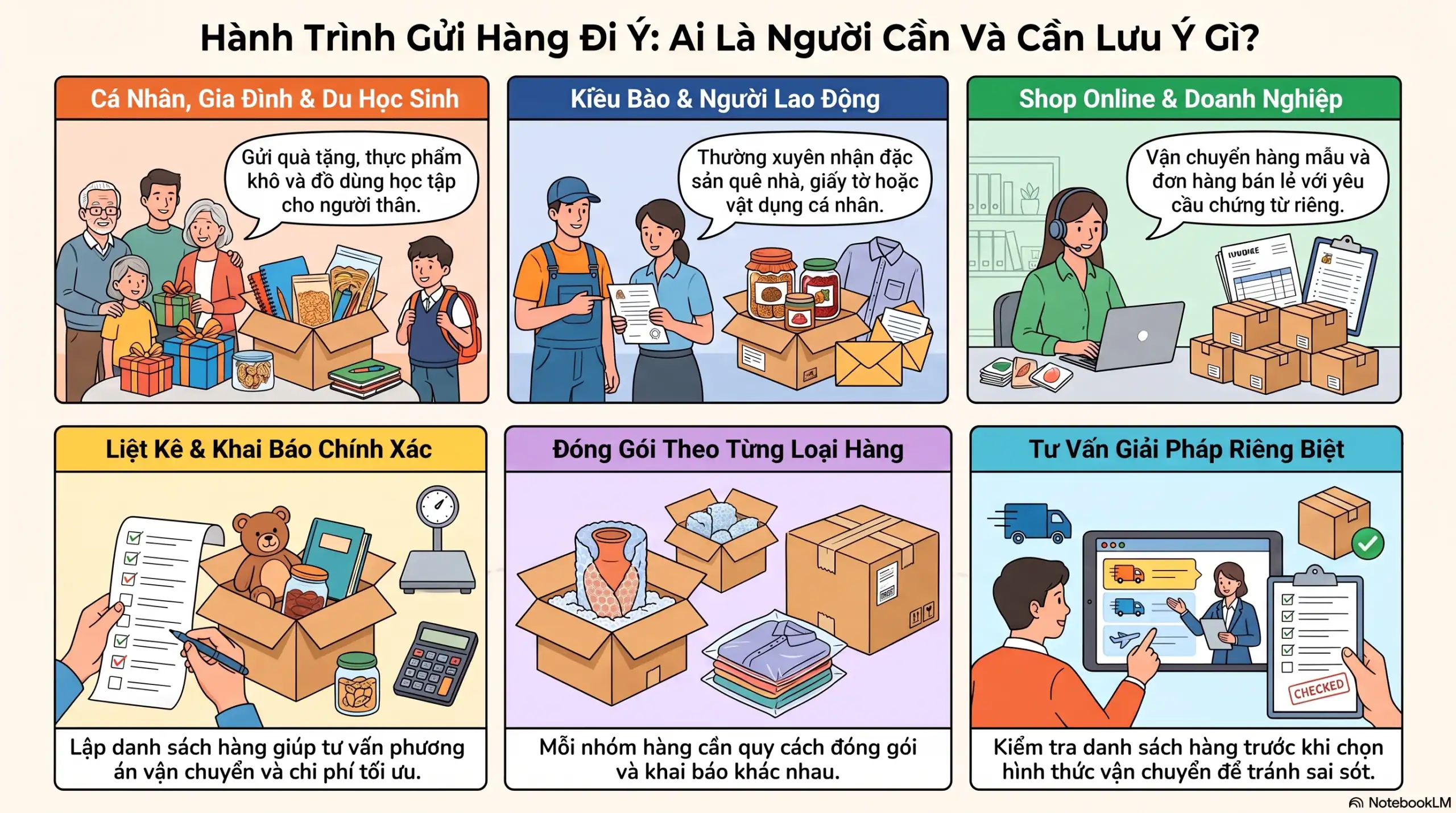 Các nhóm khách hàng sử dụng dịch vụ gửi hàng đi Ý gồm cá nhân, du học sinh, kiều bào, người lao động, shop online và doanh nghiệp
