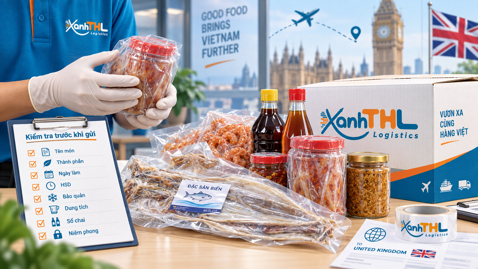 Minh họa gửi thực phẩm đi Anh với đồ ăn nhà làm, hải sản khô, nước mắm, nước tương và các loại sốt cần kiểm tra thành phần, dung tích, số chai và tình trạng niêm phong trước khi gửi.