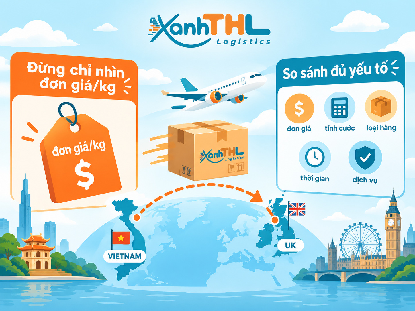 Gửi hàng đi Anh giá rẻ tại Xanh THL, cho thấy không nên chỉ nhìn đơn giá/kg mà cần so sánh thêm trọng lượng tính cước, loại hàng, thời gian và phạm vi dịch vụ.