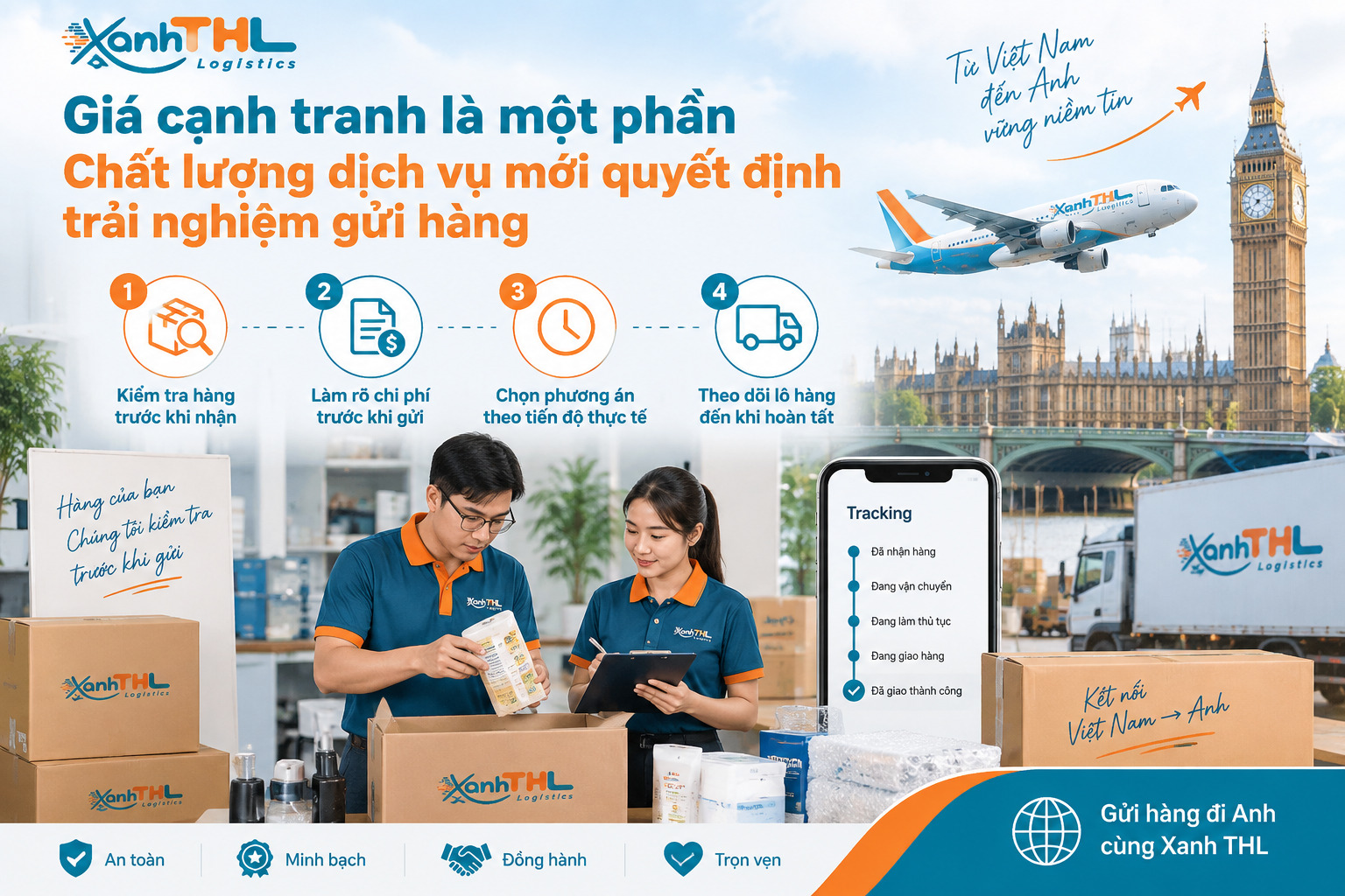 Xanh THL kiểm tra hàng, làm rõ chi phí, chọn phương án phù hợp và theo dõi lô hàng khi gửi hàng đi Anh.