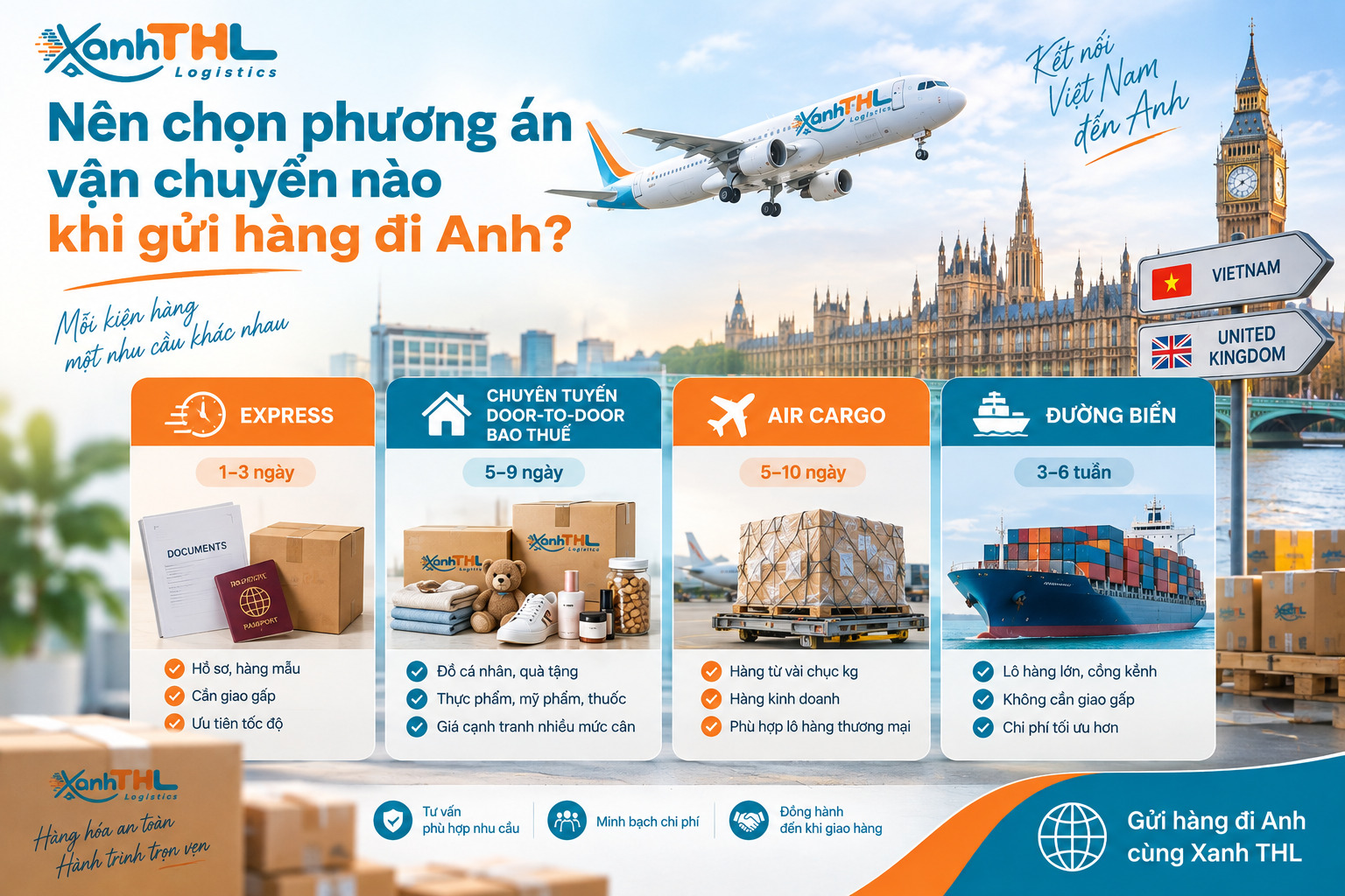 Các phương án gửi hàng đi Anh tại Xanh THL gồm Express, chuyên tuyến Door-to-Door bao thuế, Air Cargo và đường biển theo từng nhu cầu vận chuyển.