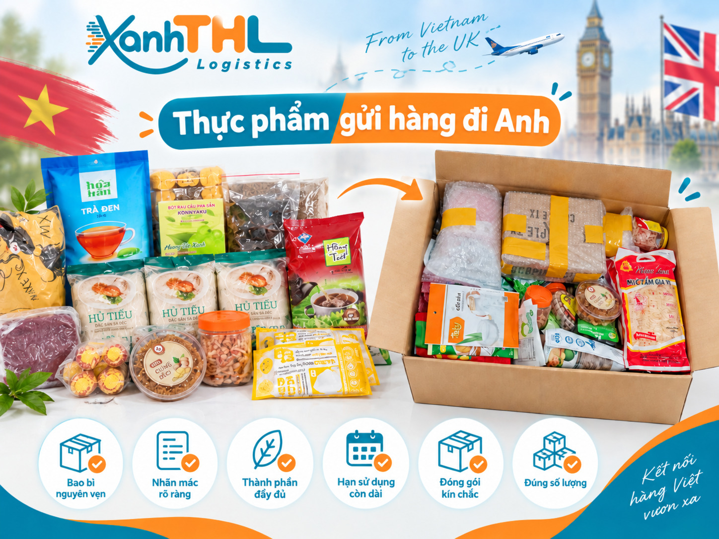 Gửi hàng đi Anh với nhóm thực phẩm đóng gói sẵn, hàng còn nguyên bao bì và được kiểm tra trước khi vận chuyển tại Xanh THL.