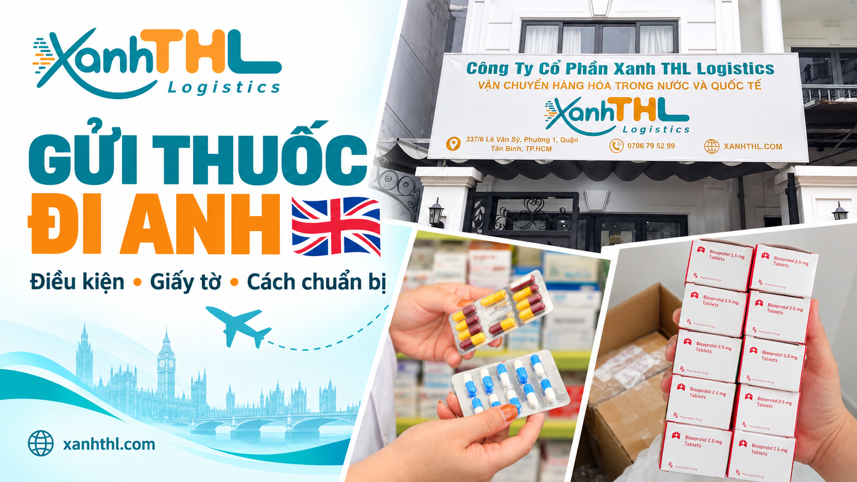 Gửi thuốc đi Anh – Điều kiện và giấy tờ | Xanh THL Ảnh minh họa gửi thuốc đi Anh với hộp thuốc, vỉ thuốc và văn phòng Xanh THL Logistics.